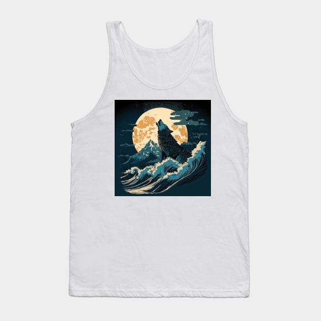 Japanese Wolf and Moon Tank Top by AstroRisq